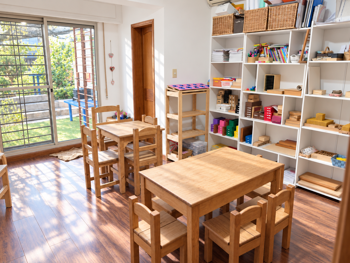 Ambiente de D’amore con mesas de madera y materiales Montessori organizados en estanterías