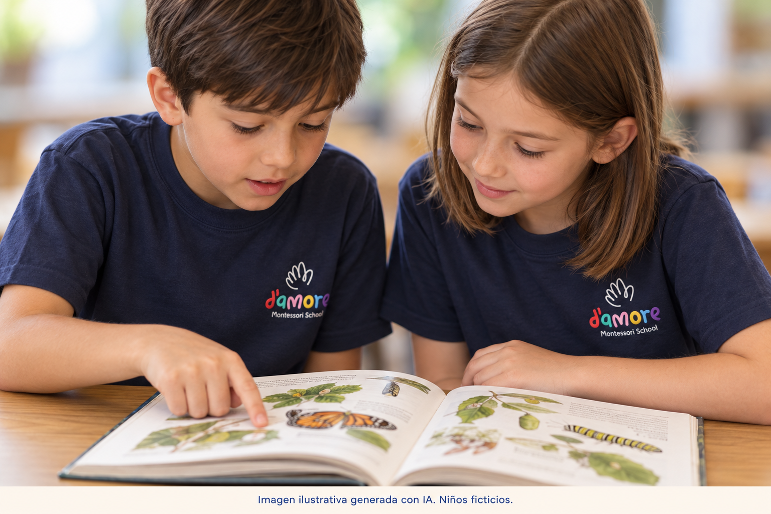 Imagen generada con IA: dos niños ficticios investigando con un libro de ciencias