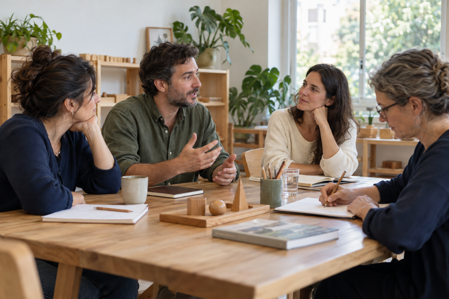 Encuentro ilustrativo de adultos que conversan y toman notas en un espacio educativo.