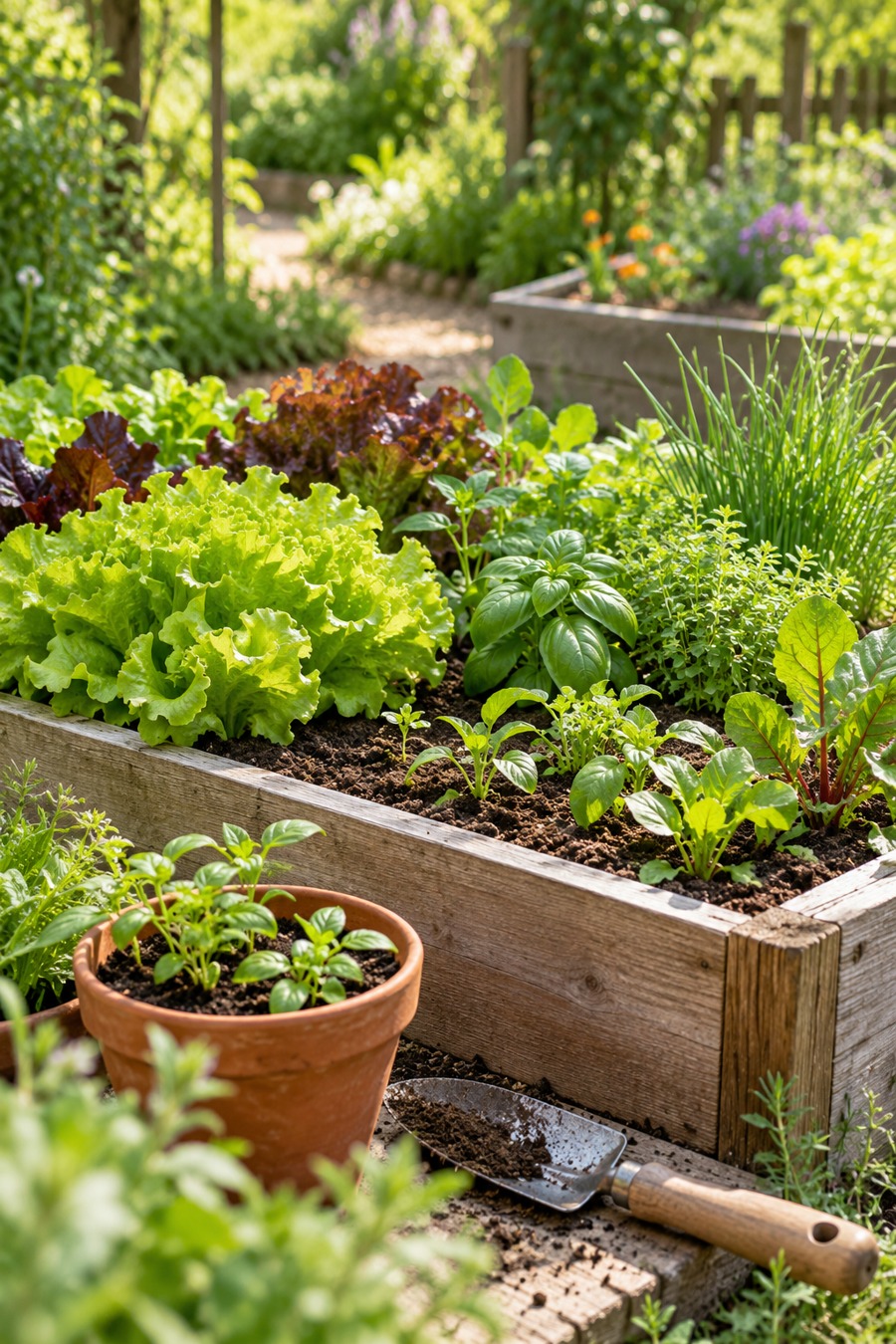Huerta con hortalizas, plantas jóvenes y herramientas de jardinería