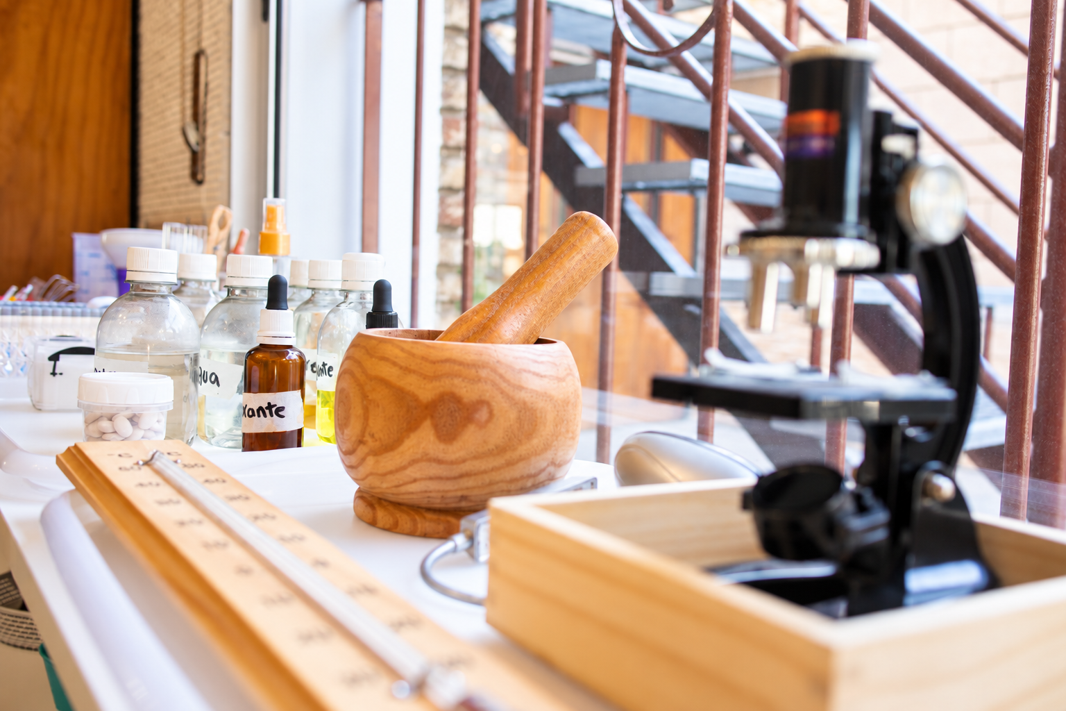 Microscopio, mortero y materiales de ciencias para Elementary II