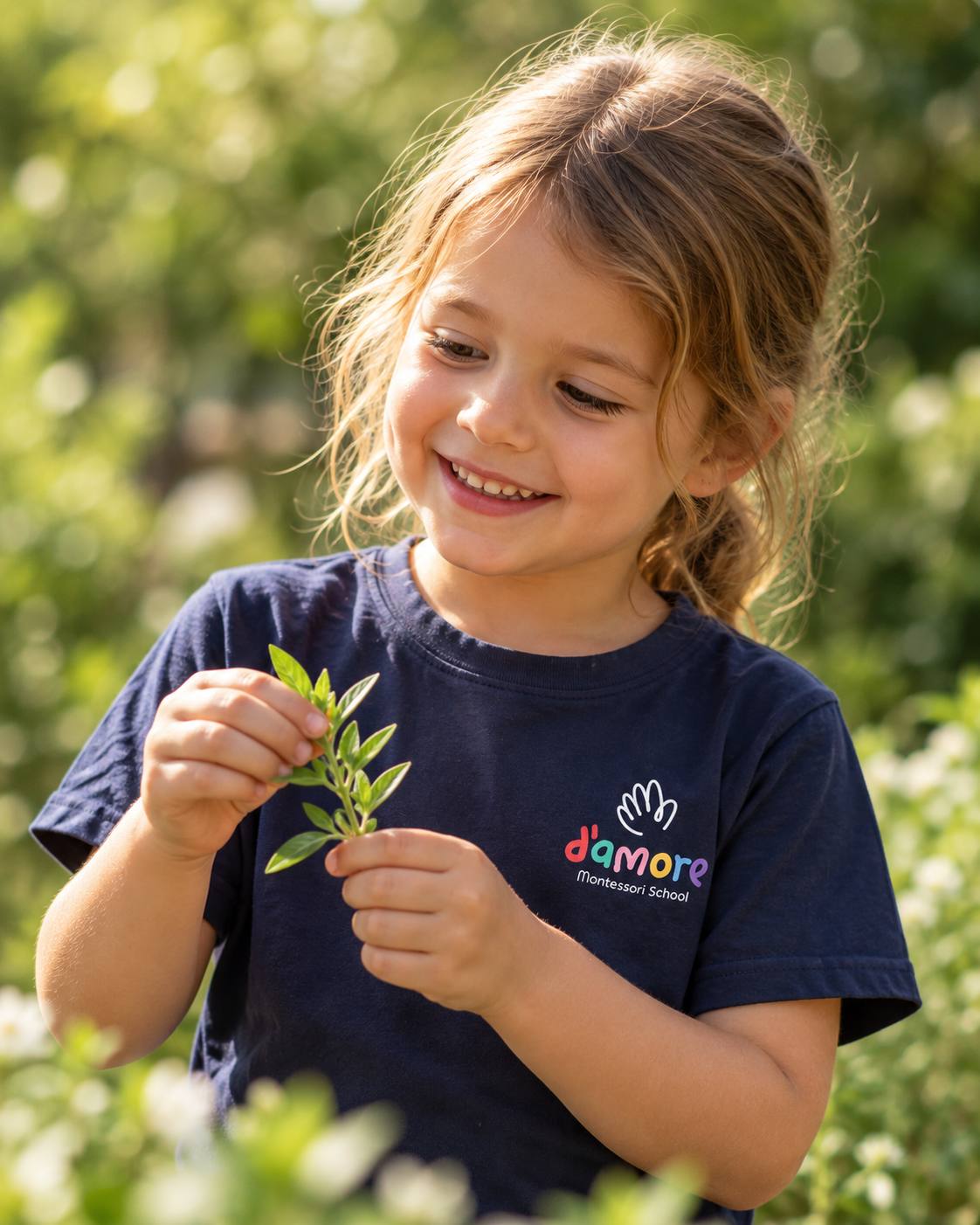 Imagen ilustrativa generada con IA: niña ficticia con remera de D’amore explorando una ramita en el jardín