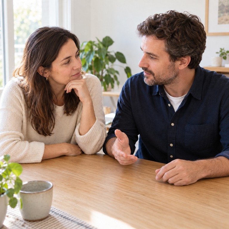Personas adultas conversando junto a una mesa