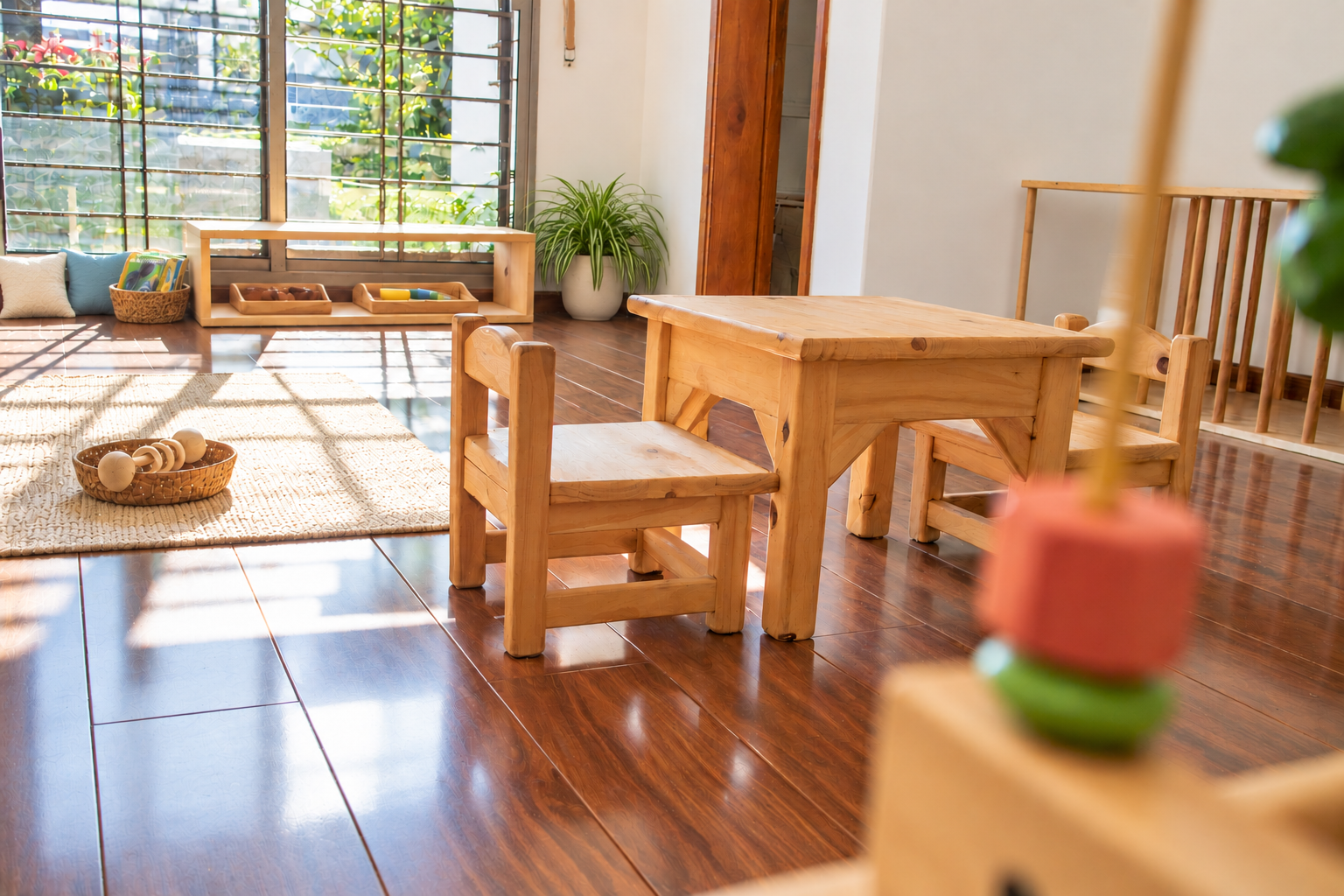 Propuesta de ambiente de Nido con mesa y dos sillas, alfombra con material de madera, estantería baja, cesto de libros, almohadones y planta junto a la ventana
