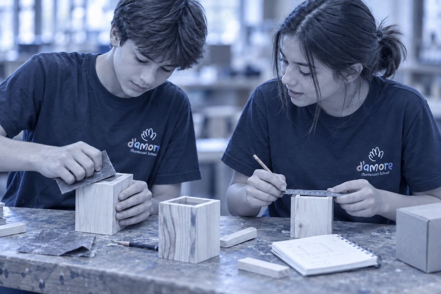 Imagen generada con IA de una propuesta en planificación: dos adolescentes ficticios trabajando en un taller de creación