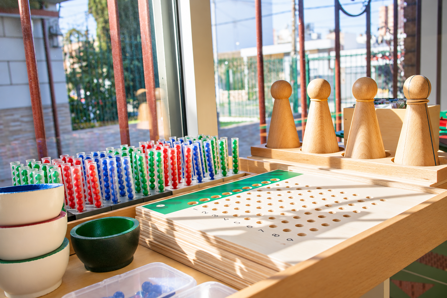 Tubos con perlas y materiales Montessori de matemática para Elementary I