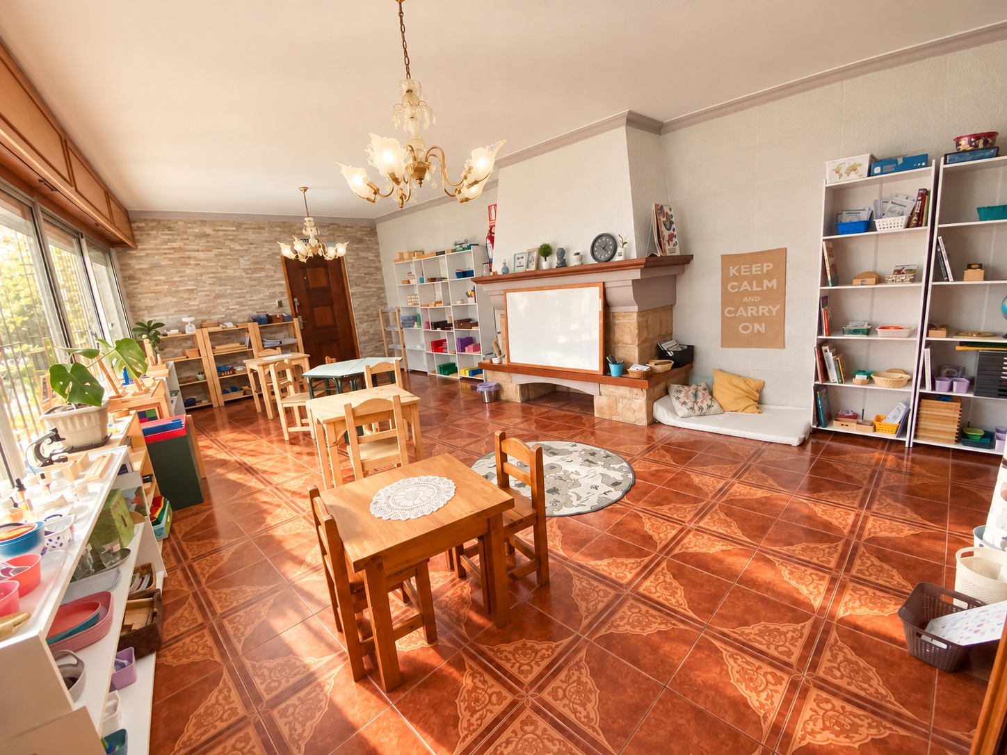 Vista del ambiente de Elementary con mesas de madera y estantes de materiales